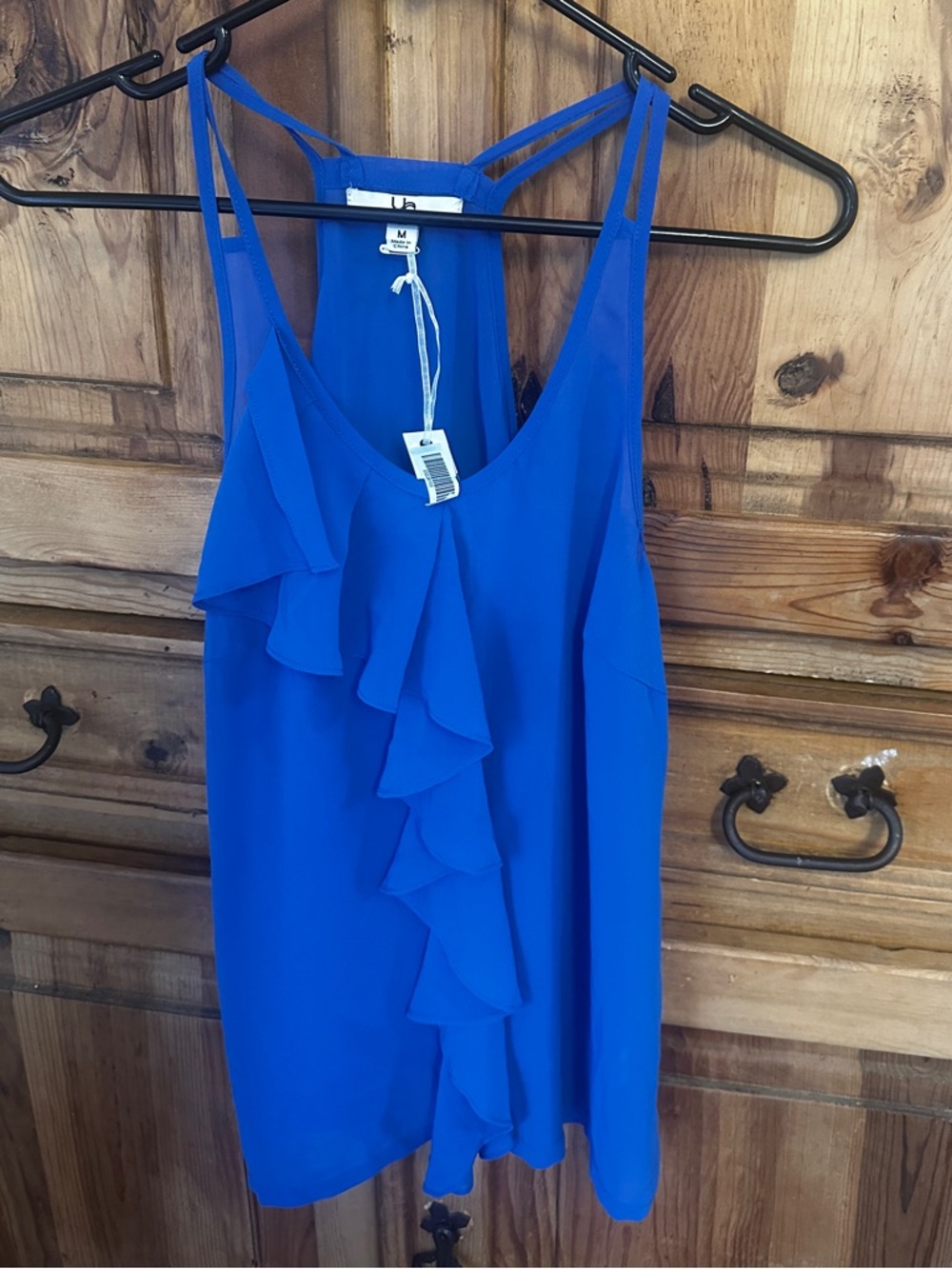 NWT Blue Ruffle Front Sleeveless Tank Top Sheer